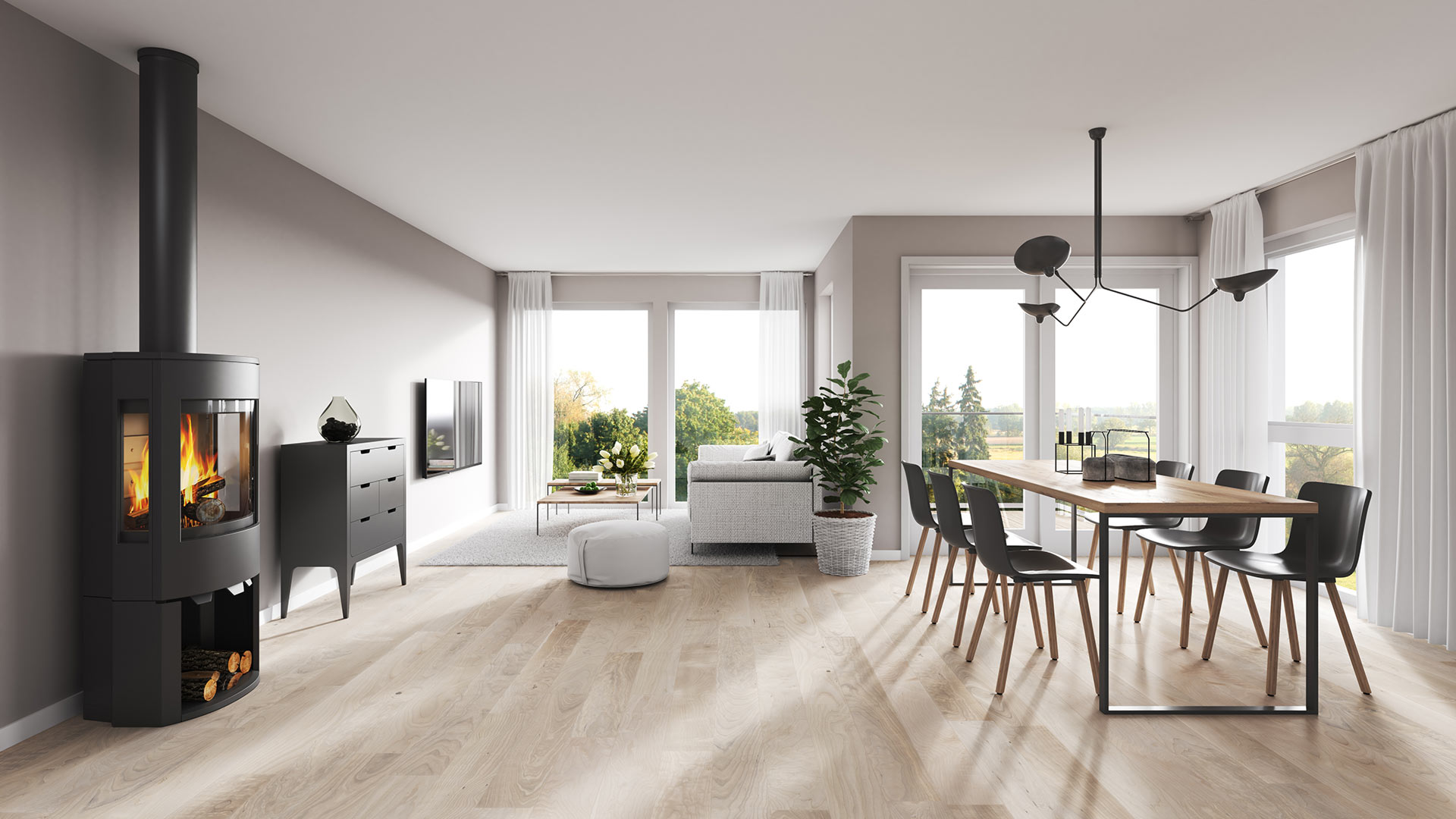 2-Schicht-Parkett - Parkettboden im modernen Raum moderner Wohn- Essbereich mit Kamin und Parkettboden